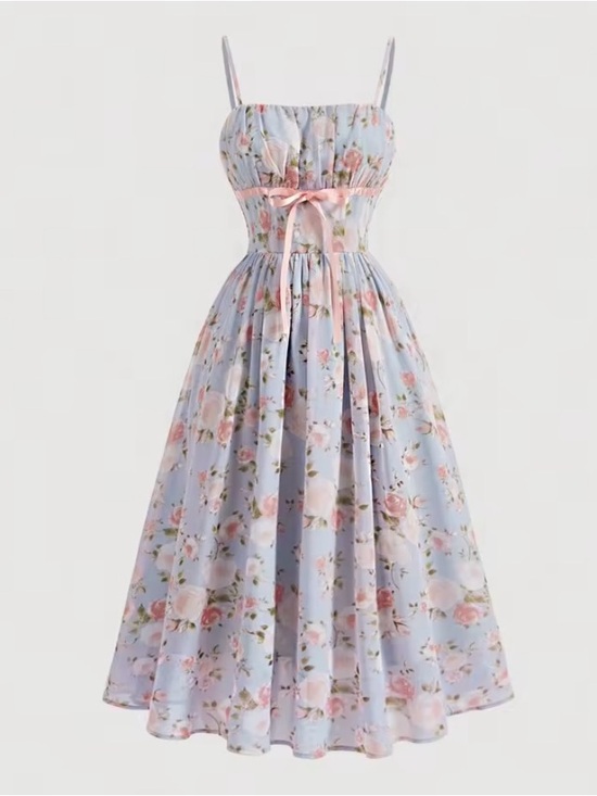 Dresses & Skirts - Pastel Blue Floral A-Line Midi Dress with Pink Ribbon